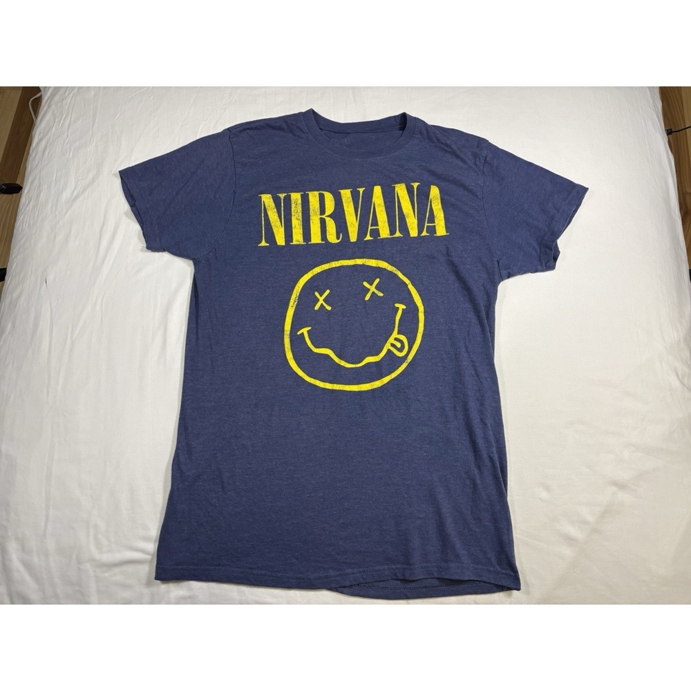 Nirvana Graphic T Shirt Mens M Band Logo Smiley Face Heather Blue Short Sleeve
